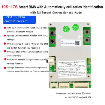 10S 11S 12S 13S 14S 15S 16S 17 Smart Bluetooth BMS z UART Sporočilo za 36V 48V 60V Litij-ion ali Lifepo4 Baterije