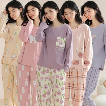 2023 Nove Jesensko Plus Velikost Dolg Rokav, 100% Bombaž, Tiskanje Pajama Kompleti za Ženske korejski Srčkan Sleepwear Pyjama Homewear Domov Oblačila