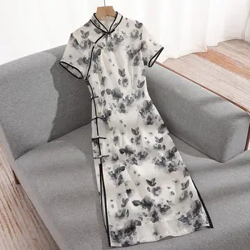 2023 Novi Kitajski Stil Črni Cheongsam Ženske Vintage Obleko Izboljšano Slim Dekle Kostum Stranka Črnilo Cvetlični Elegantno Qipao