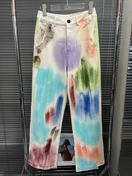 2023 poletje novo ohlapno naravnost hlače y2k oblačila ročno poslikano pisane grafiti vroče dekle naravnost hlače sto tekmo vrh