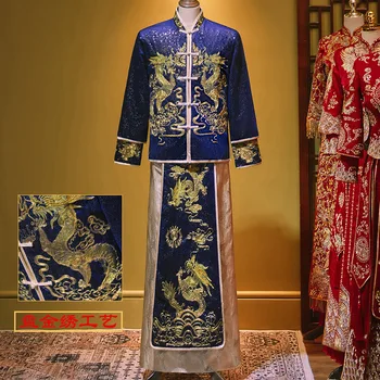 Dolg Rokav Ženina Toast Oblačila Kitajski Zmaj Vezenje Tang Bo Ustrezala Haljo Moški Poročni Tradicionalne Obleke