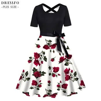 Dressfo Plus Velikost Rose Cvet Tiskanja Obleko Za Žensko Poletnih Oblačil Kontrastno Črto Obleko Bowknot Pasu Križ Kratek Rokav Robe
