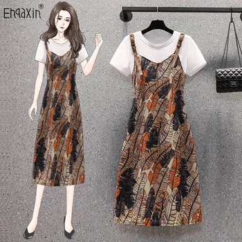EHQAXIN Nove Dame Moda Obleko 2023 korejski Priložnostne Tiskanje Traku Plošča Svoboden Kratkimi Rokavi Pulover Obleke Za Ženske, L-5XL