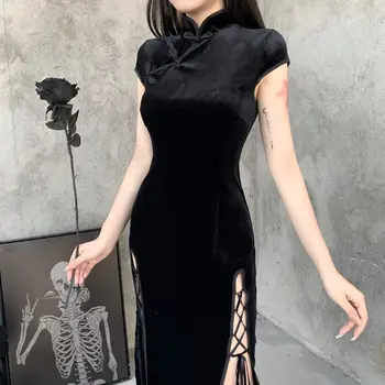 Gothic Obleko Pure Black Retro Nacionalni Slog Cheongsam Ženski Ins Poleti In Jeseni Leta 2023 Novo Odprto Vilice Slim Ljubek obleko Goth