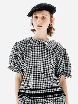 IMAKOKONI prvotni načrt črno in belo kariran kratka sleeved majico poletje čipke-up modni priložnostne vrh za ženske 234187