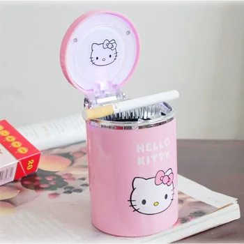 Kawaii Anime Hello Kitty Aluminija Pokal Avto Pepelnik z Led Luči Risanka Kt Mačka Brezdimni Multi-Funkcijo Pepelnik s pokrovom Igrače