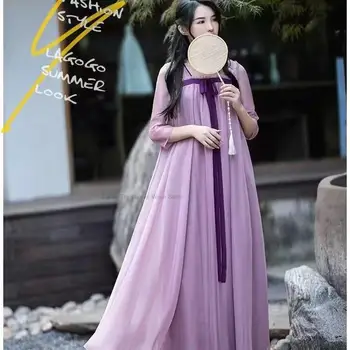 Kitajski Ženske Vila Kostum Izboljšano Ruqun Hanfu Obleko Nacionalni Cvet Vezenje Lady Šifon Obleko Letnik Vijolično Obleko