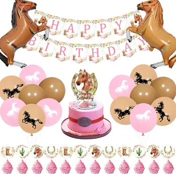Konj Rojstni dan Okraski za Dekleta Roza Cvetlični Konj Happy Birthday Banner Torto Pokrivalo Konj Baloni Cowgirl Stranka Dobave