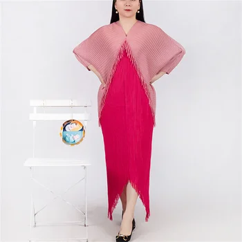 Miyake Nabrano Obleko za Žensko Zadetek Barve Tassel, Batwing V Ovratnik, Rokavi Priložnostne Slog, Ohlapne Dolge Obleke, Poletje Moda, 2023