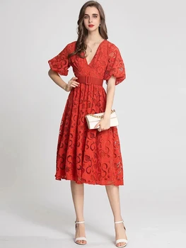 Modni Oblikovalec Poletje Žensk V Vratu Puff rokav Votlih iz Sashes Elegantno Rdeče Obleke