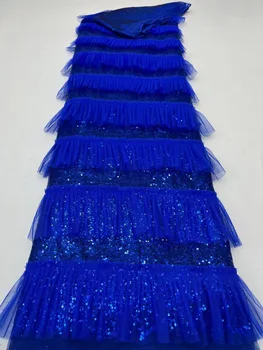 Modra Barva Francoski Til Vezene Čipke Tkanine 2023 Visoke Kakovosti Afriške Sequined Nigerijski Očesa Tkanine Za Kostum Stranka Šivanje