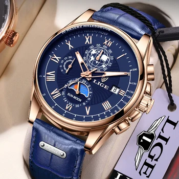 Modra Watch LIGE Moških Luksuzni Watch Usnje 30 M Nepremočljiva Športno ročno uro Quartz Kronograf Pazi za Moške Relogio Masculino+Box
