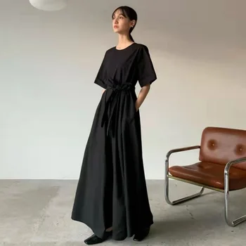 Nova Moda za Ženske Obleko 2023 Elegantno Krog Vratu Kratka Sleeved Dolge Čipke Bombaž Perilo Barva Priložnostne Obleko za Ženske