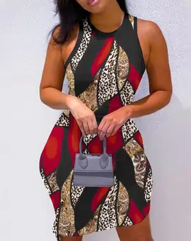 Poletne Obleke Oblačenja za Ženske 2023 Moda Seksi Nov Baročni Leopard Print O-vratu brez Rokavov Bodycon Mini Obleke Dnevno