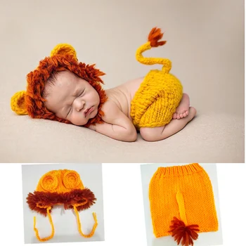 Ročno izdelane Kvačkane Kostum Halloween Photoshoot za Baby Boy Fotografija Rekviziti Obleke Novorojenih Dojenčkov Darila 0-6M Lev Hlače Komplet