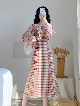 Spomladi Leta 2023 Novo Plus Velikost Ženske Kariran Obleko Francoski Nišo Design Z Izboljšano Cheongsam Dolgo Oplaščeni Vestido Stranke Obleke