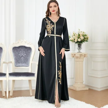 Vezenino Guipure Čipko Plošča Obavijen Obleko Eleganten V-nek Dolge Obleke, Črna Abaya Muslimanske Ženske Oblačila Ramadana