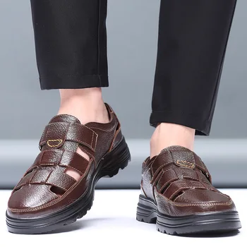 Človek Votlih Si Sandale Loafers Plaži Pravega Usnja Poletje Obleko, Čevlje, Šivalni Udobno Priložnostne Podjetja British Slog