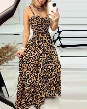 Ženske Leopard Zanko V Vratu Obleko Poletje Evropske & American High Pasu Seksi Modnih Obleke za Ženske